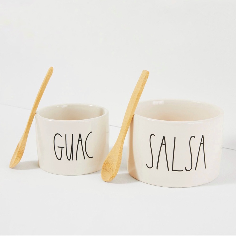 NWT Rae Dunn Guac/Salsa Bowls w/ 2 Wooden Spoons